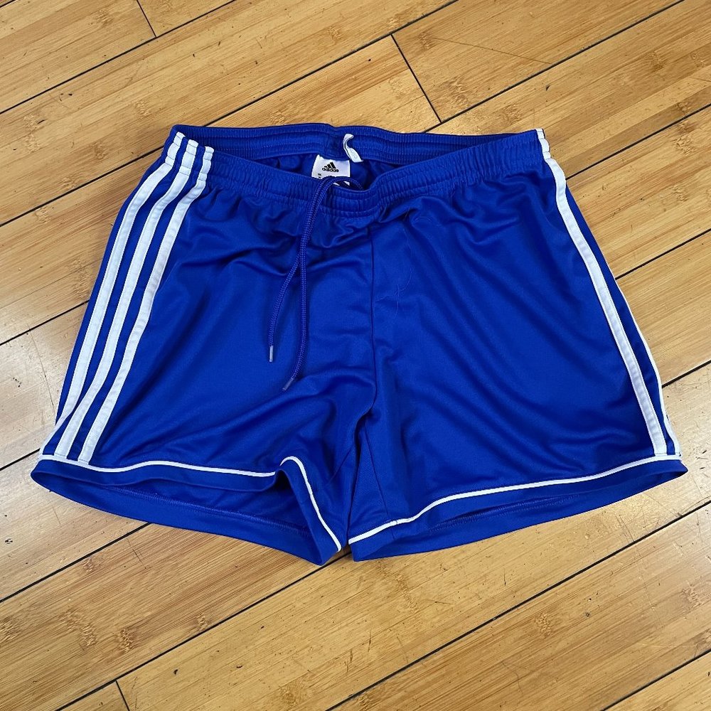 Adidas Climalite Blue Workout Short Shorts Blue White Stripes Woman Sz M